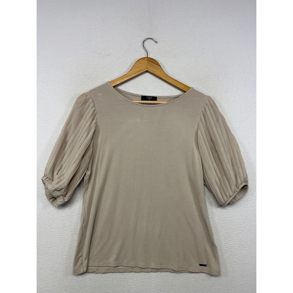Minimalist Tahari Womens Medium Beige Pleated Chiffon Puff Sleeve Knit Top